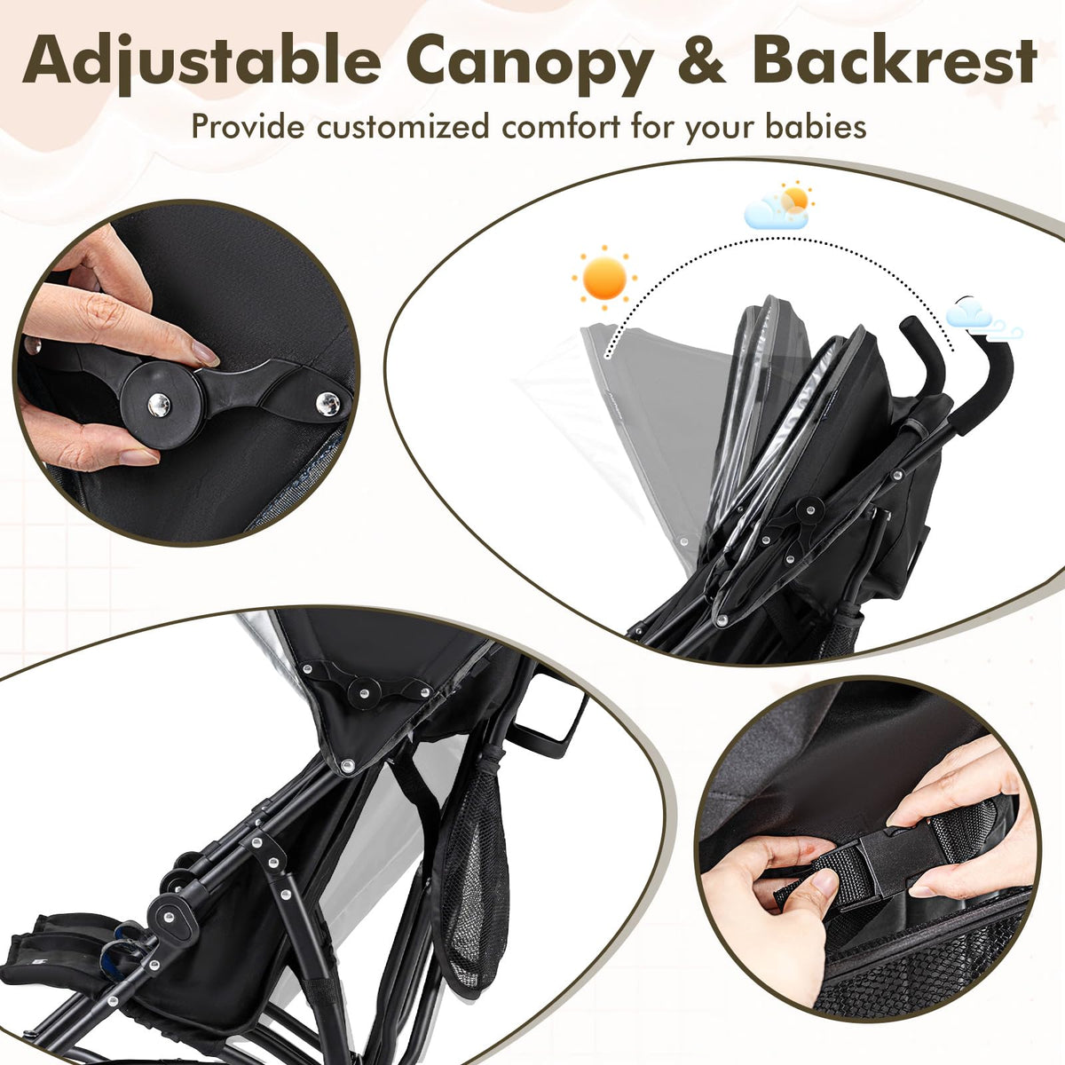 Lightweight Double Umbrella Stroller with Cup Holder and Adjustable Canopy B1335