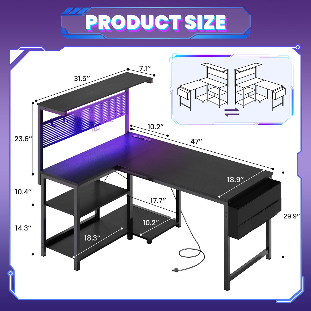 47in Black L Shaped Gaming Desk with Pegboard G185