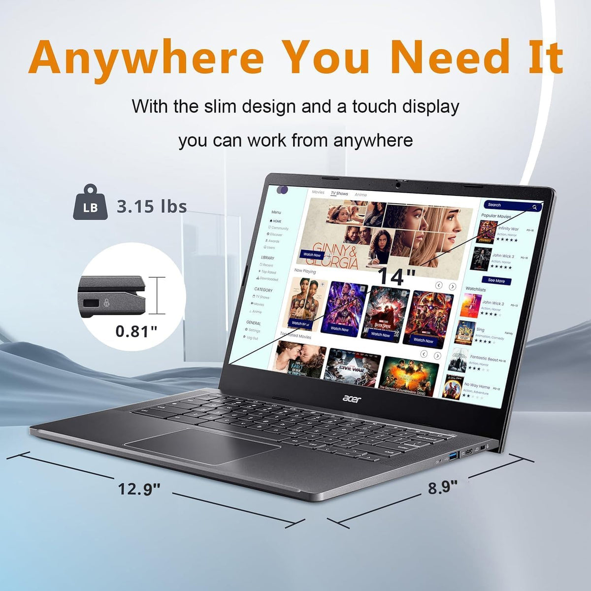 Chromebook Plus 514 Laptop with Google AI, Intel 8-Core i3-N305, 8 GB LPDDR5, 512 GB SSD, 14" FHD IPS Touch Screen, Wi-Fi 6E, Chrome OS L185