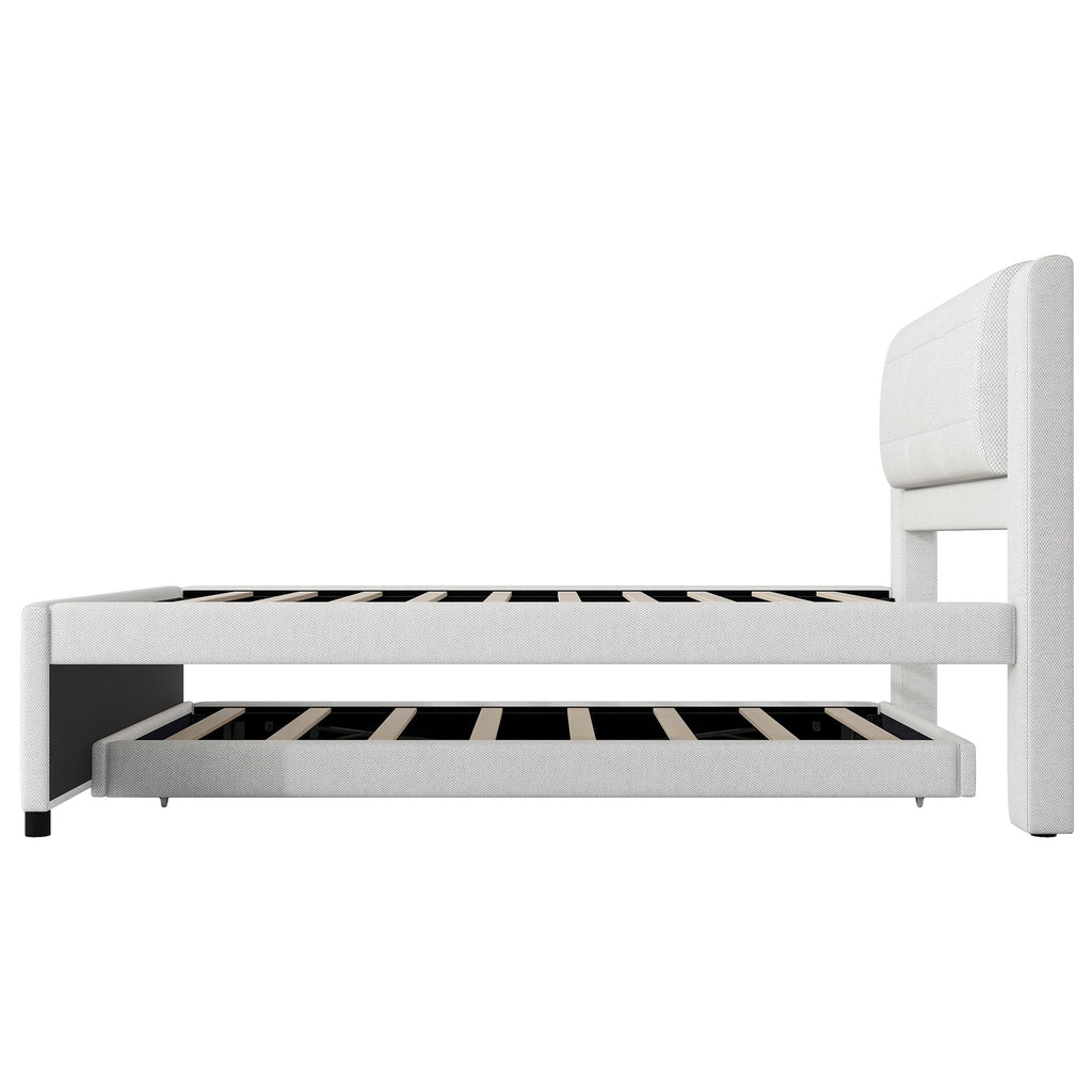 Full Size Linen Fabric Upholstered Platform Bed with Twin Size Trundle B22199