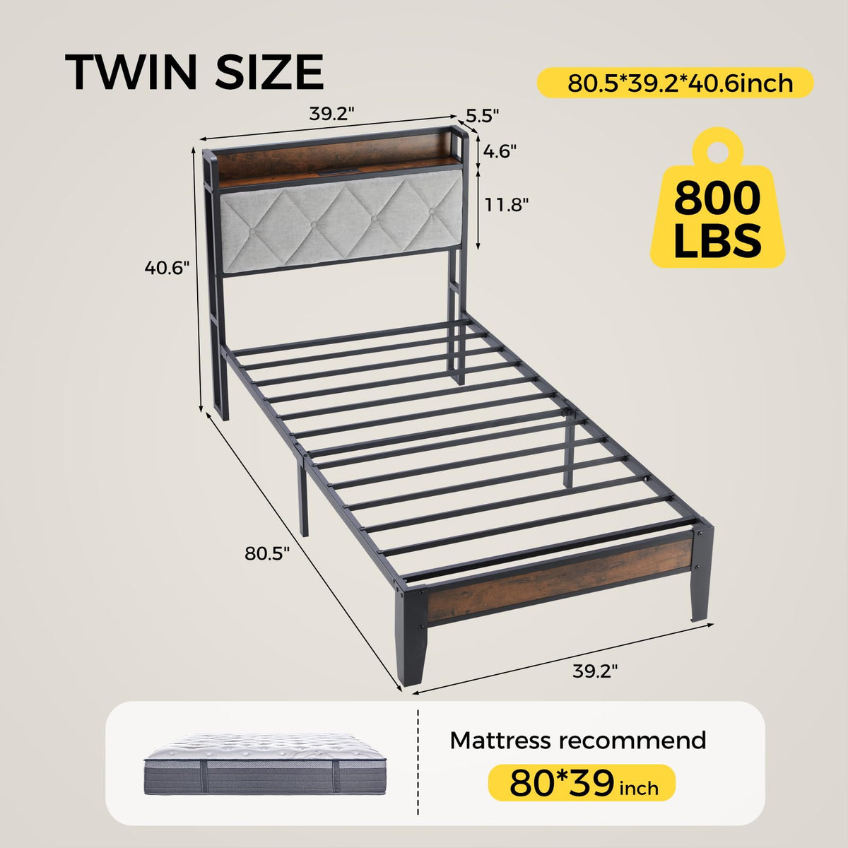 Twin Bed Frame with Headboard and Charging Plug Z386124