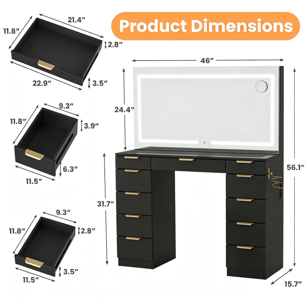 Glass Top Vanity Desk with Mirror and Lights, 11 Drawers Makeup Vanity with Stool K386