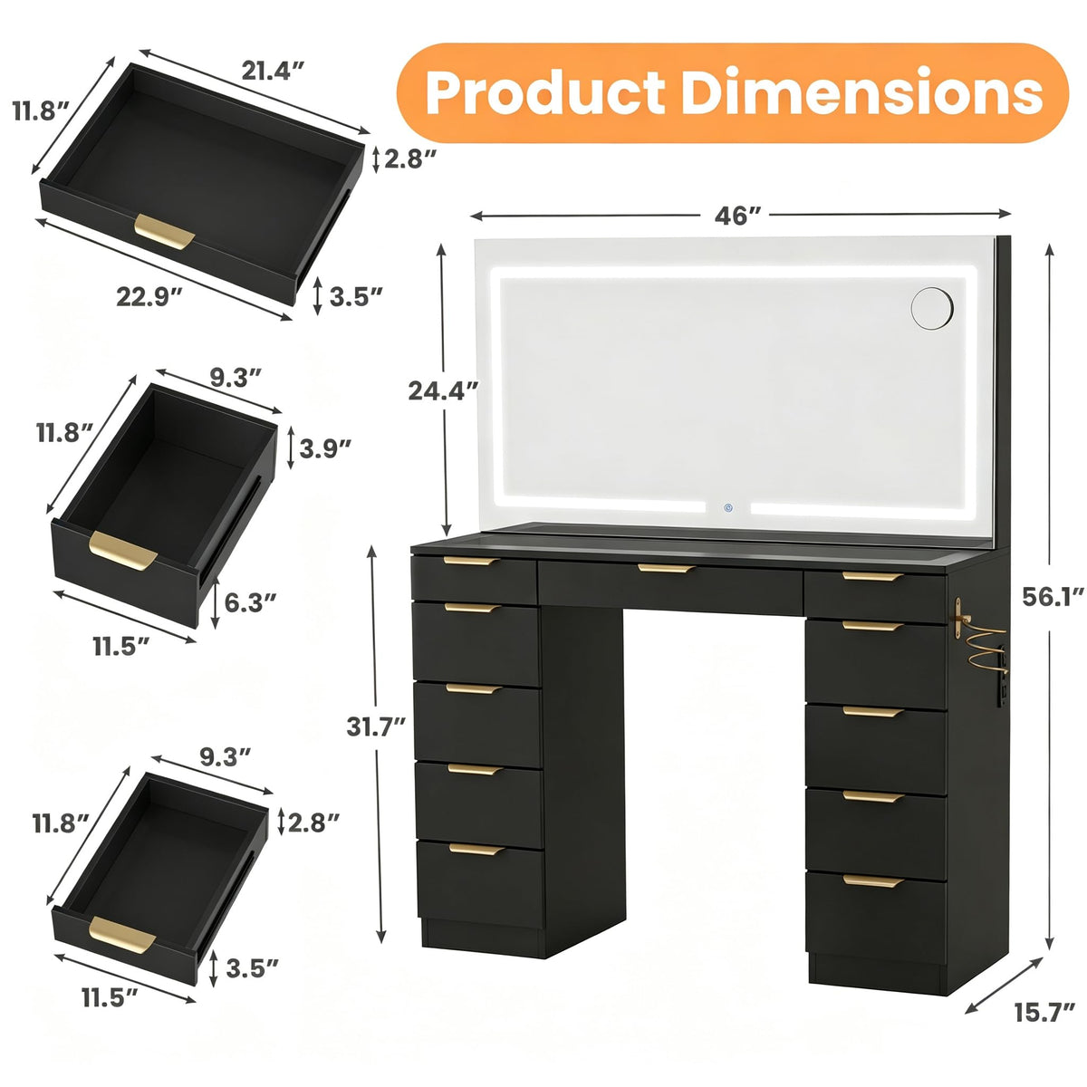 Glass Top Vanity Desk with Mirror and Lights, 11 Drawers Makeup Vanity with Stool K386