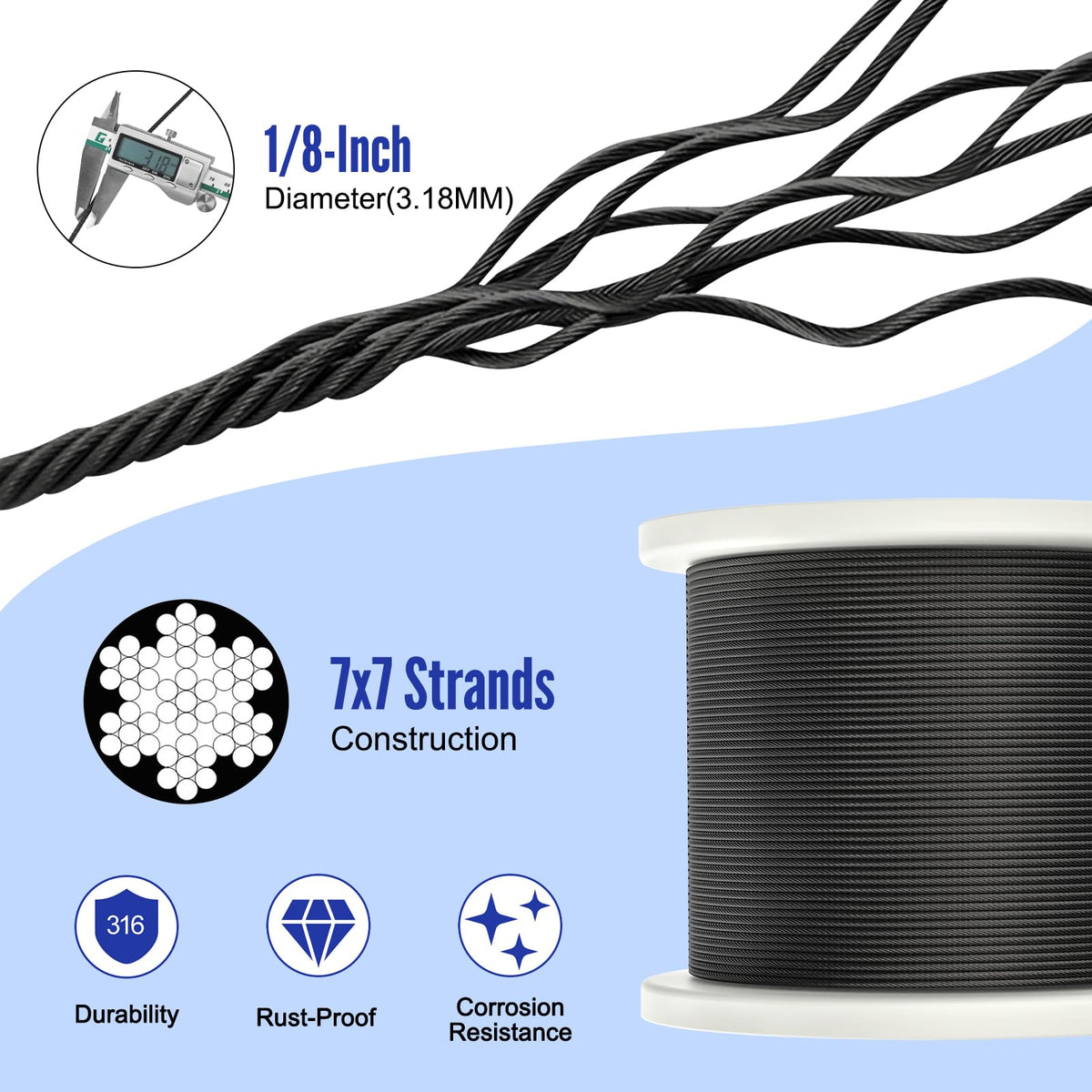 1000FT 1/8" Black Stainless Steel Cable with Cutter P6515