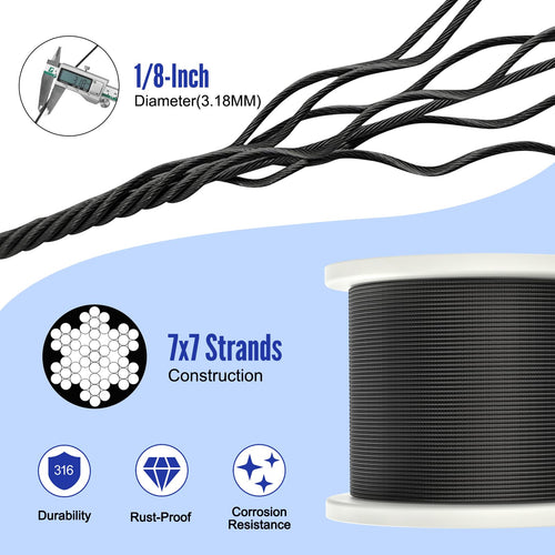 1000FT 1/8" Black Stainless Steel Cable with Cutter P6515