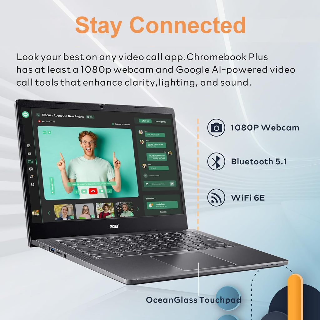 Chromebook Plus 514 Laptop with Google AI, Intel 8-Core i3-N305, 8 GB LPDDR5, 512 GB SSD, 14" FHD IPS Touch Screen, Wi-Fi 6E, Chrome OS L185
