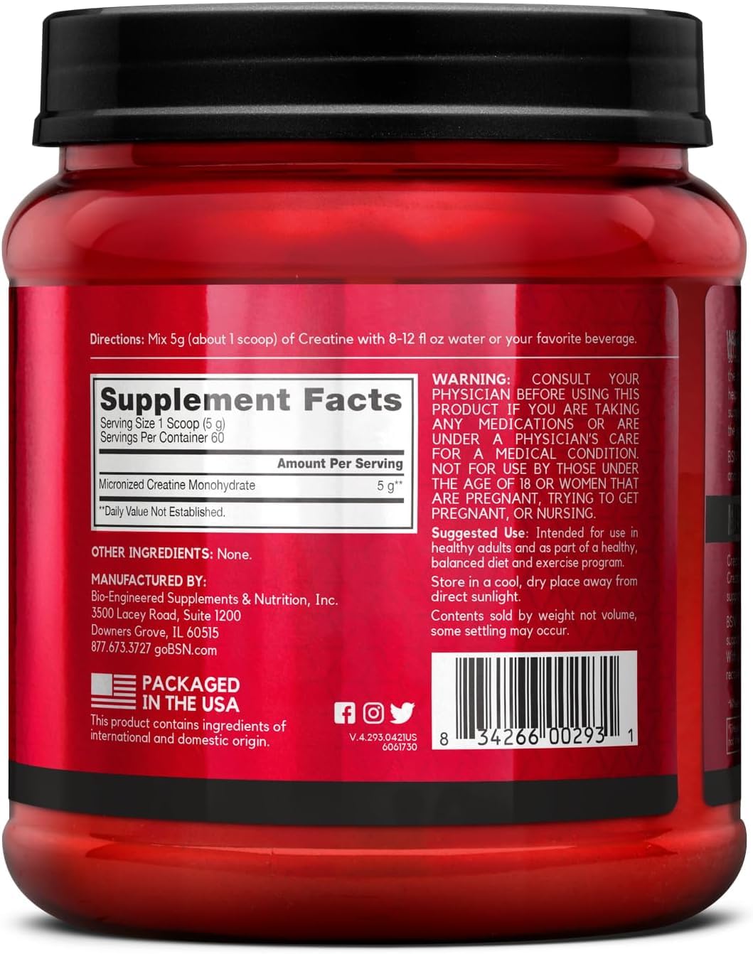 Micronized Creatine Monohydrate Powder, 5g per Serving, 60 Servings D380261