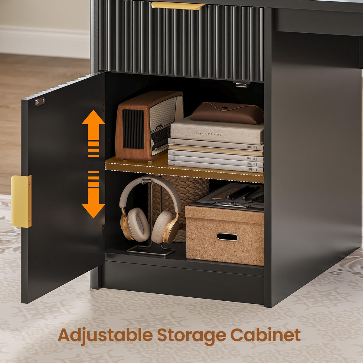 67" L Shaped Desk with Hutch and Power Outlets, Black O39247