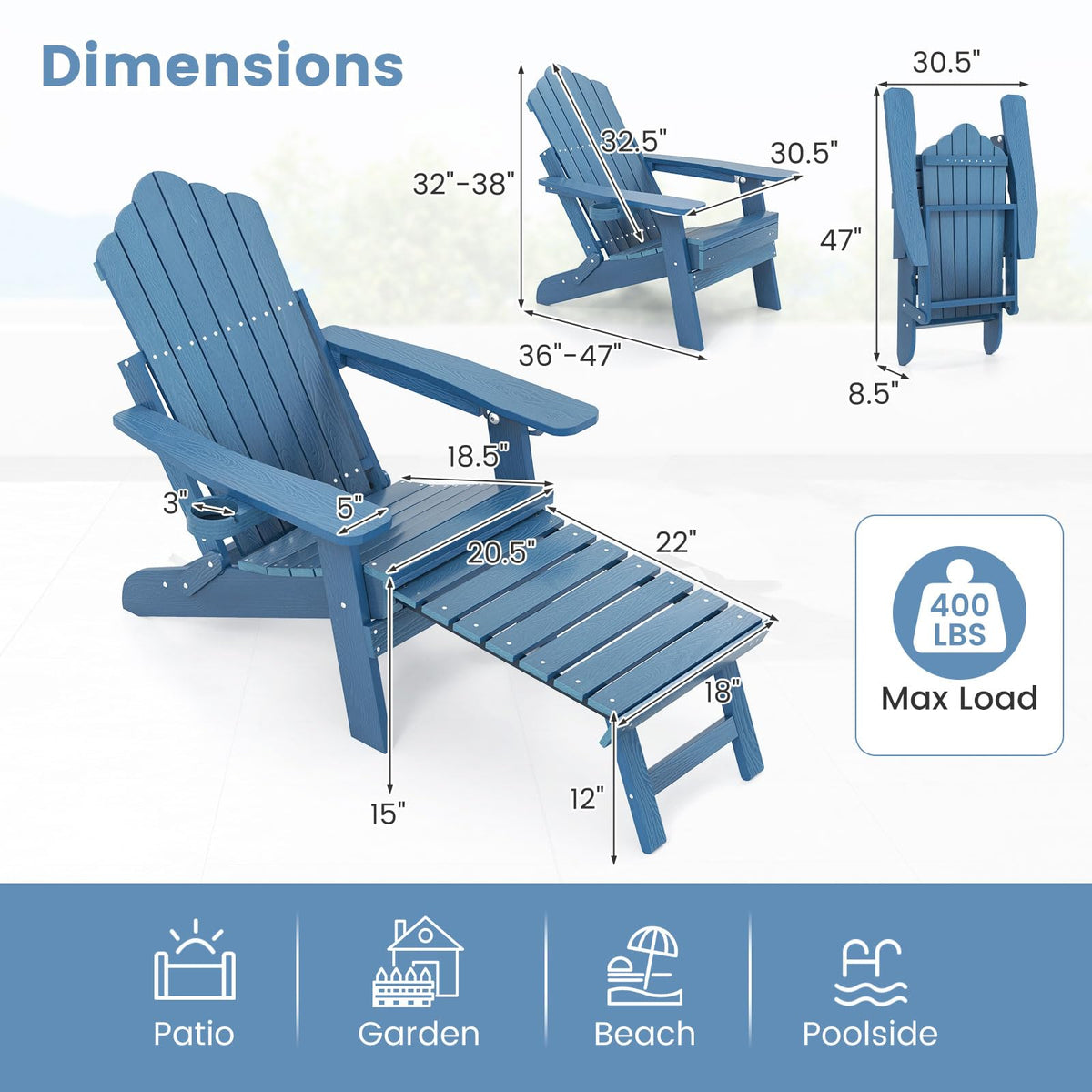 Folding Adirondack Chair with Adjustable Backrest and Ottoman Y17515