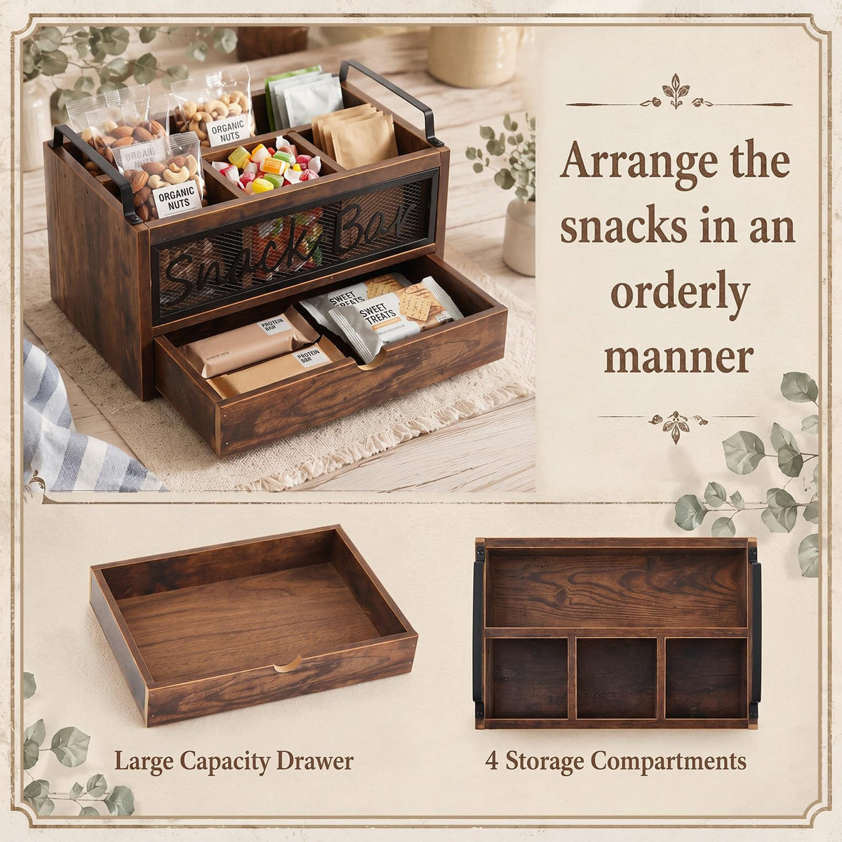 Wood Snack Bar Organizer with Drawer and Handles Z52262