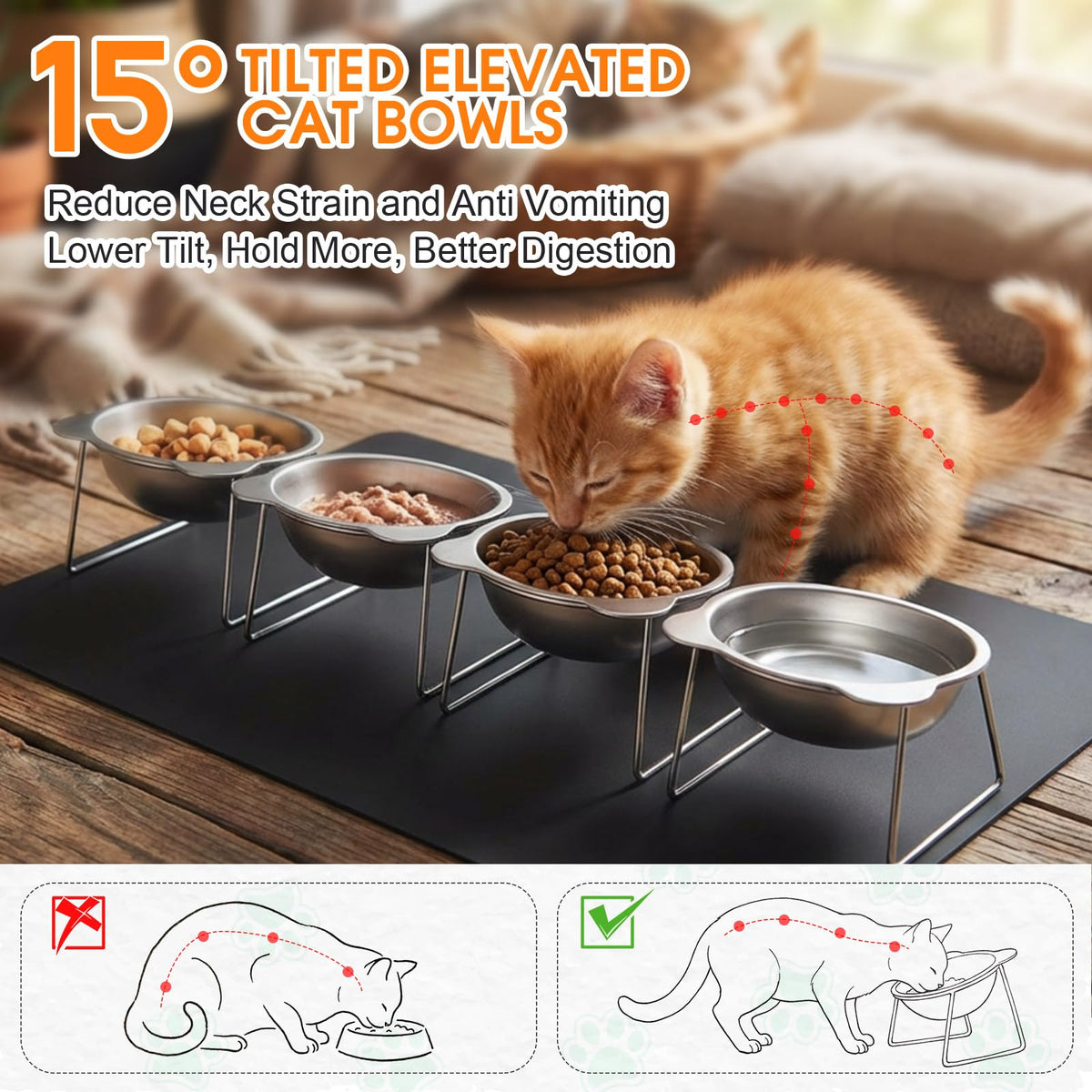 4 Set Elevated Stainless Steel Cat Food Water Bowls S5518