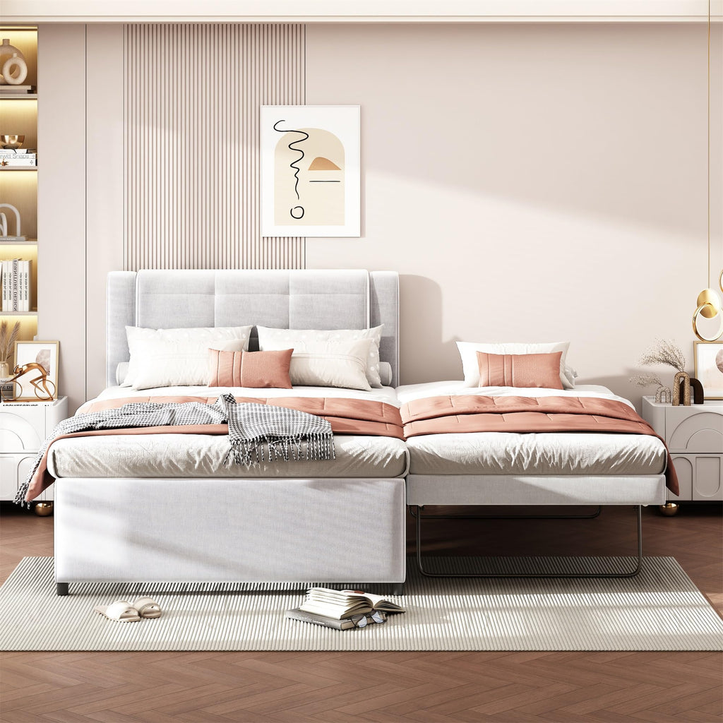 Full Size Linen Fabric Upholstered Platform Bed with Twin Size Trundle B22199