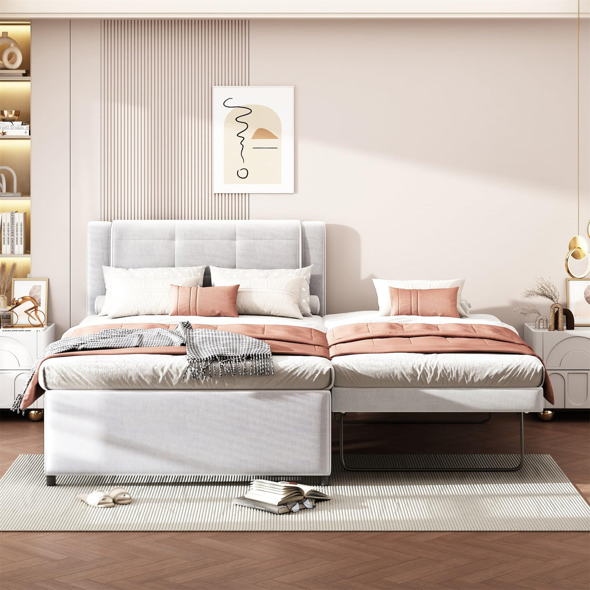 Full Size Linen Fabric Upholstered Platform Bed with Twin Size Trundle B22199