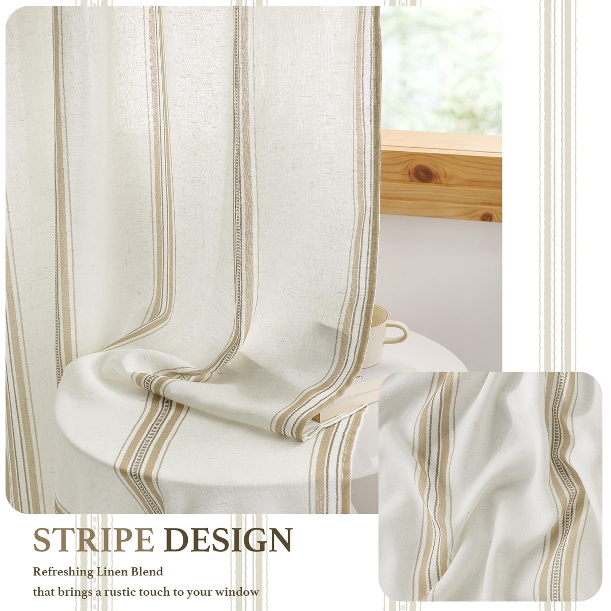 Taupe & White Stripe Linen Curtains 52 x 84 Inch W741544