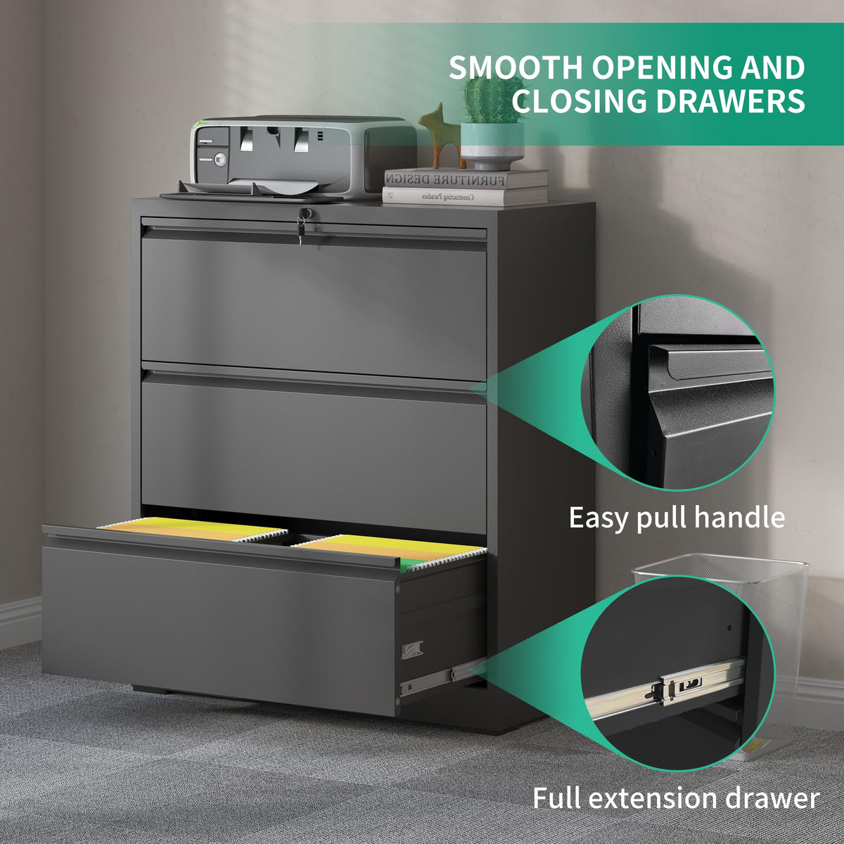 Black 3 Drawer Locking Metal File Cabinet F3689