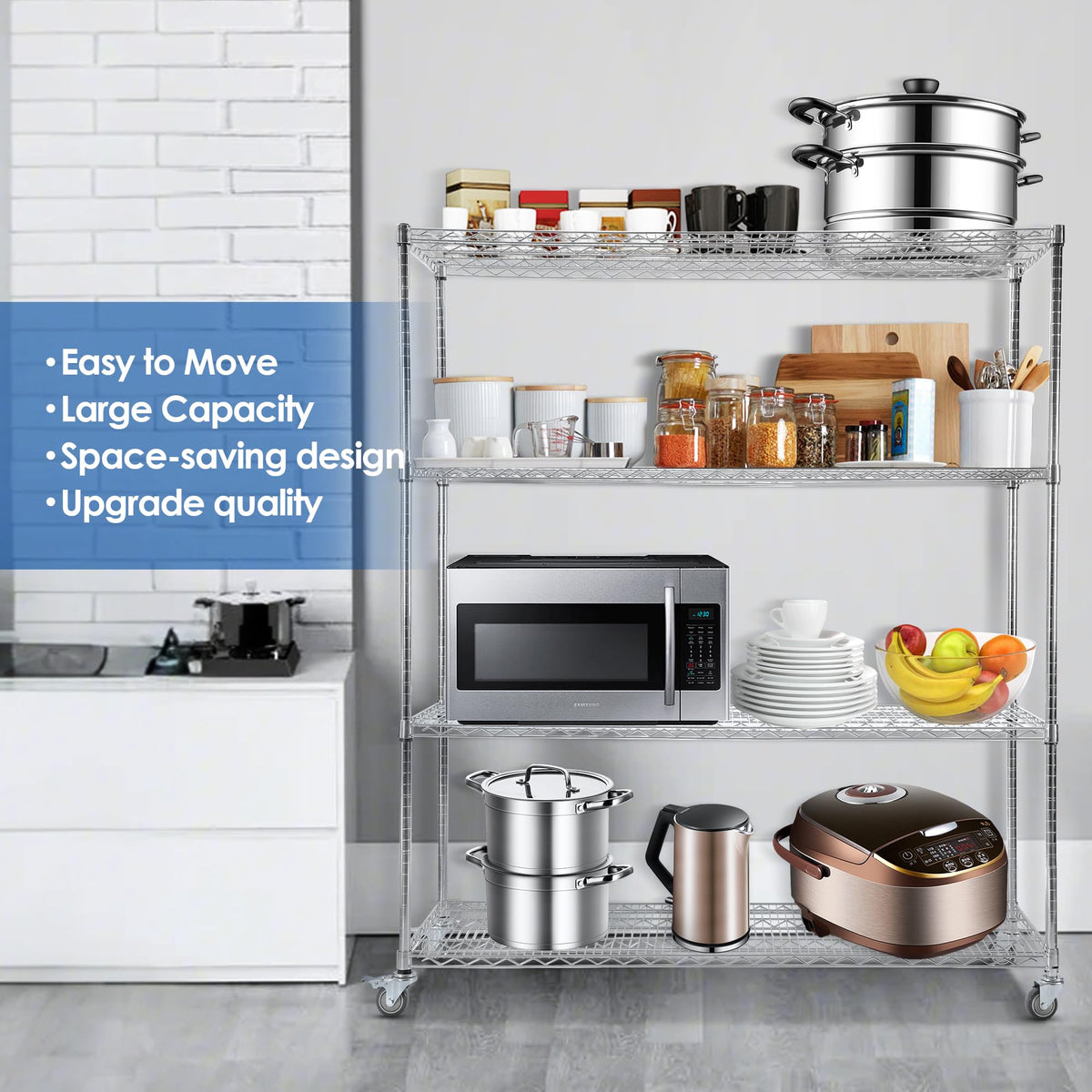 60" W 4-Tier Heavy Duty Wire Shelving 72" H x 24" D Metal Storage Rack with Wheels A176