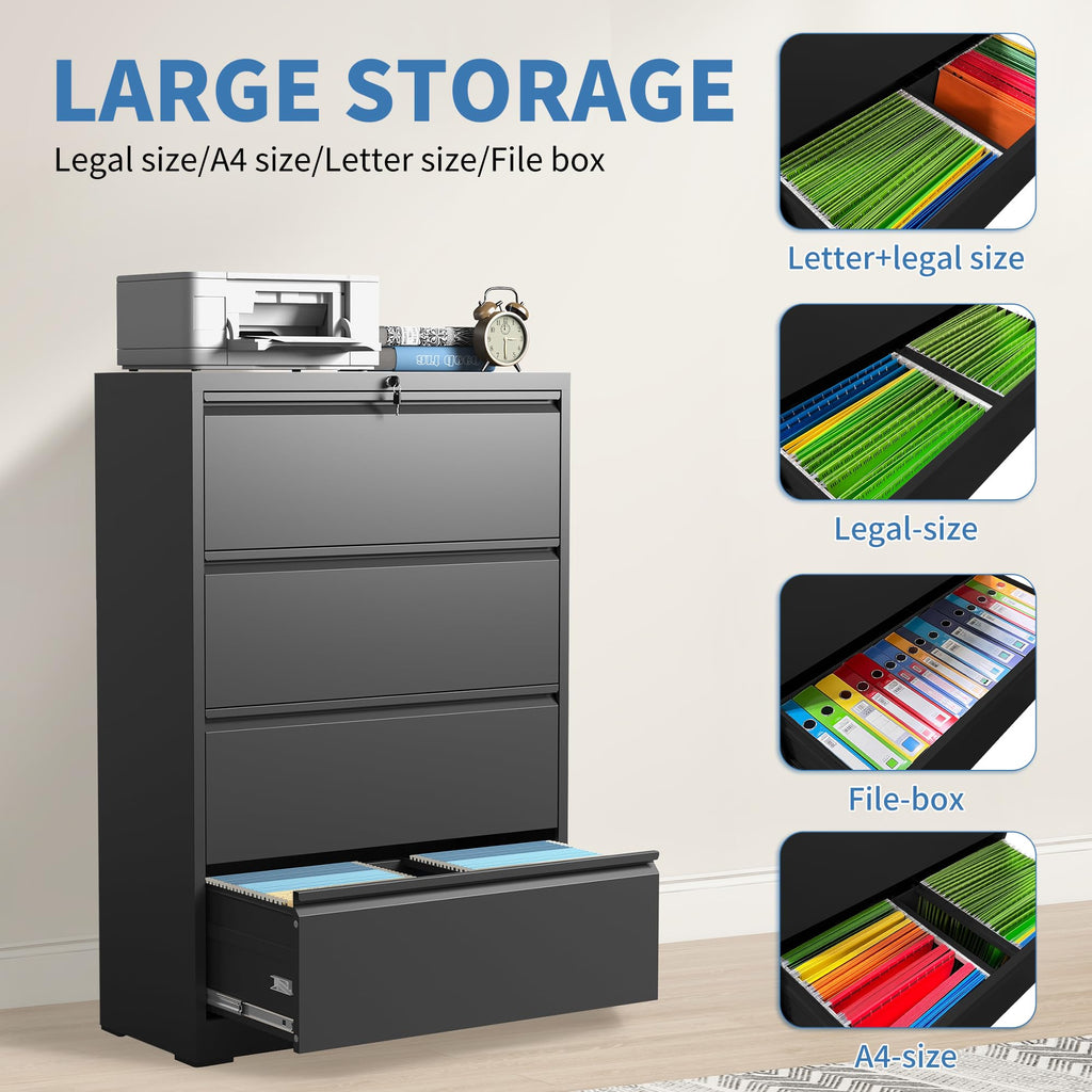 Black 4 Drawer Metal Lateral File Cabinet with Lock Z209