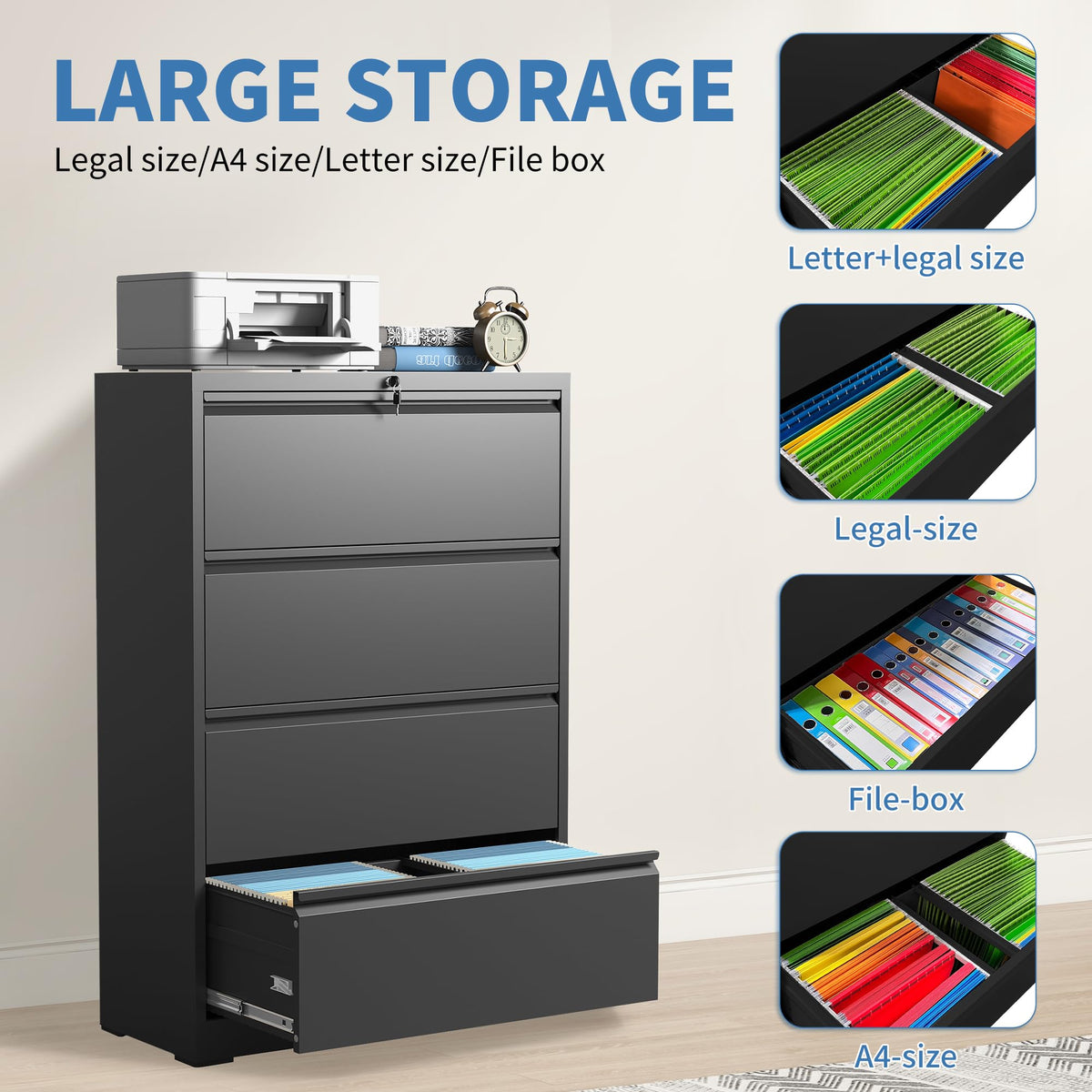 Black 4 Drawer Metal Lateral File Cabinet with Lock Z209