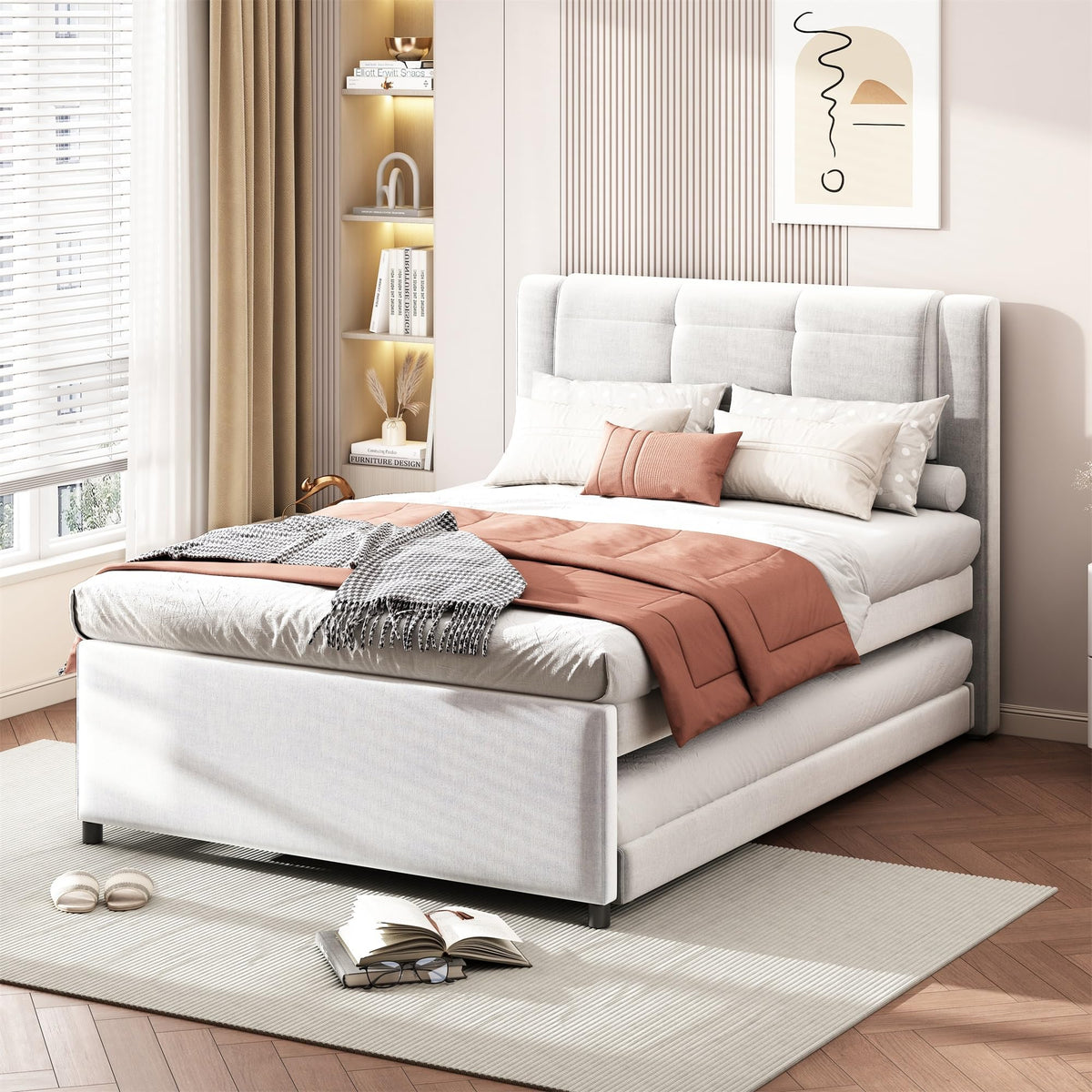 Full Size Linen Fabric Upholstered Platform Bed with Twin Size Trundle B22199