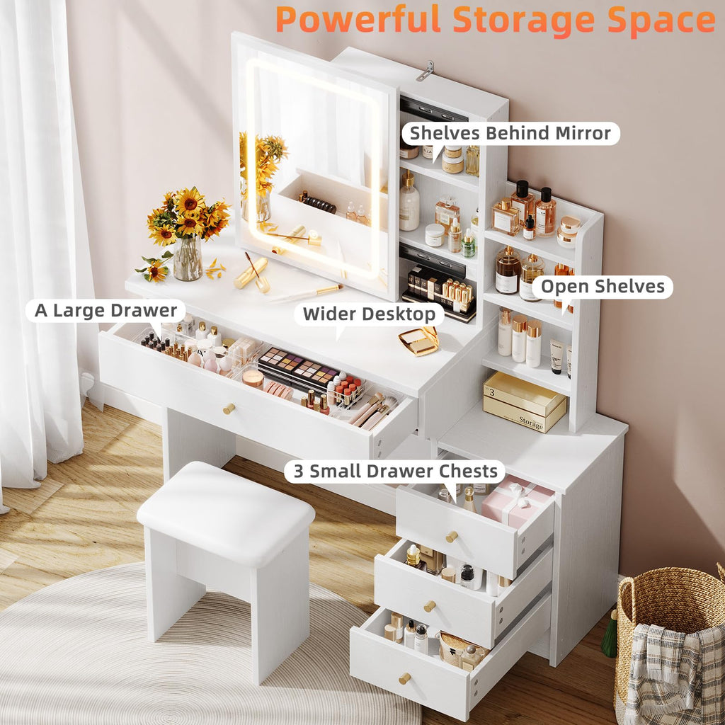 White Makeup Vanity Desk with Sliding Mirror & 4 Drawers R24225