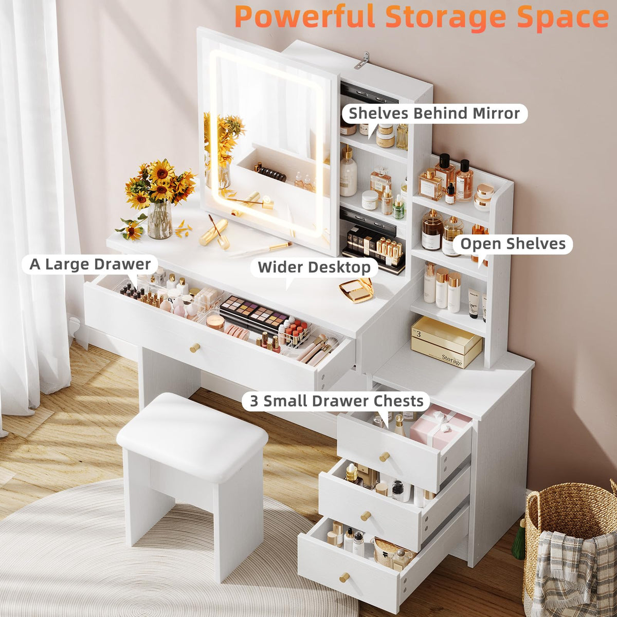 White Makeup Vanity Desk with Sliding Mirror & 4 Drawers R24225