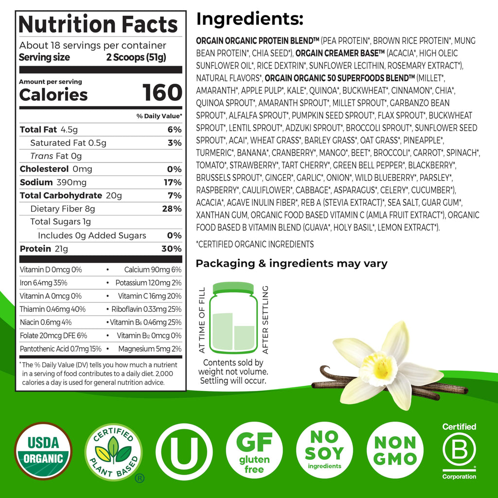 Organic Vegan 21g Protein Superfoods Powder Vanilla Bean 2.02lb D524317