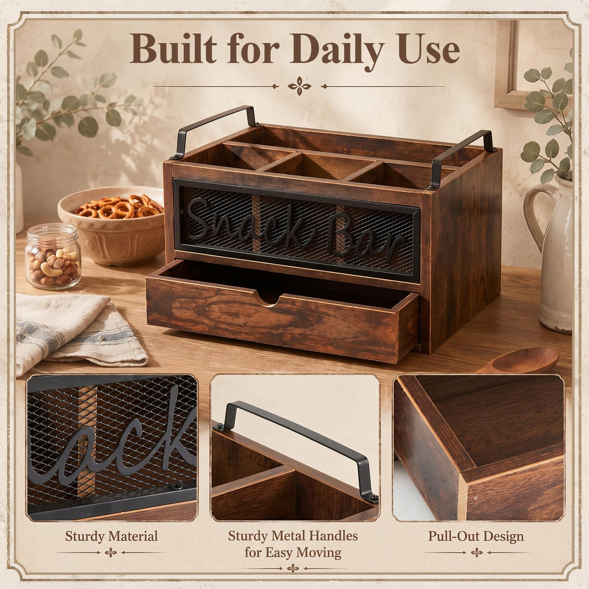 Wood Snack Bar Organizer with Drawer and Handles Z52262