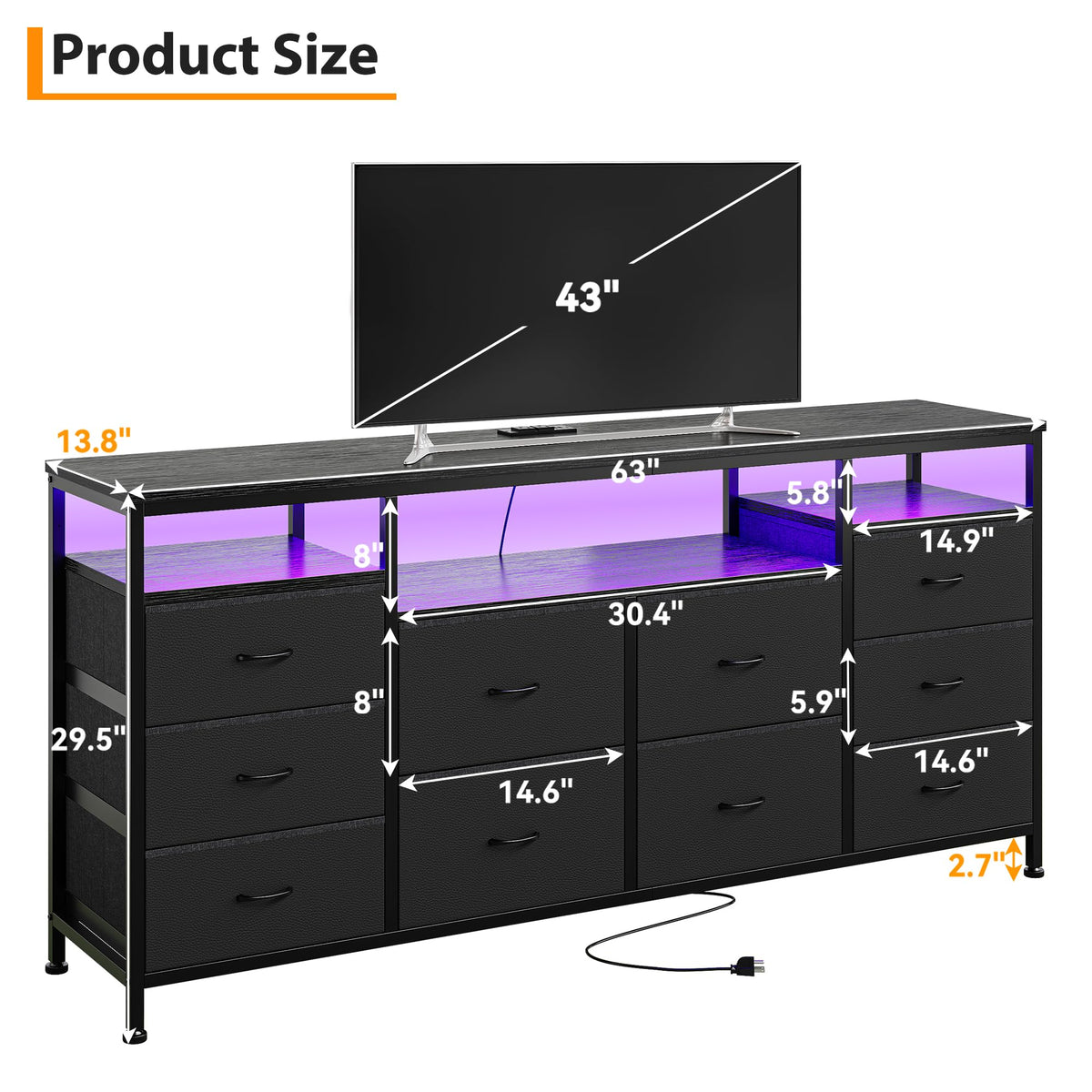 Black Fabric 10 Drawer Dresser E763