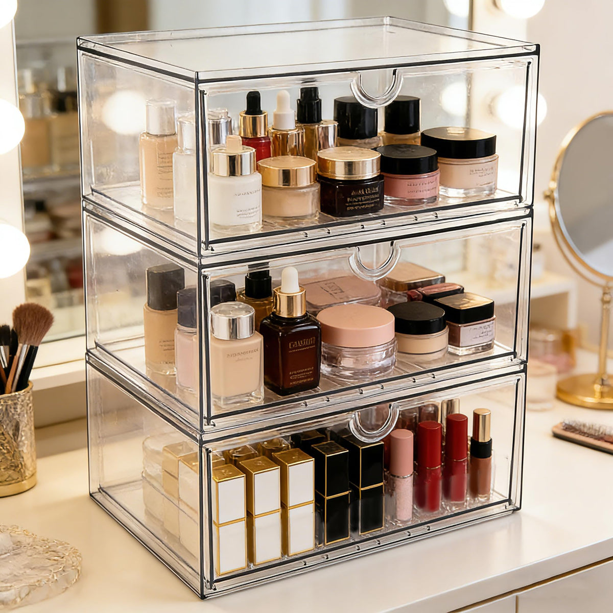 Acrylic Makeup Organizer, 3 Pack Stackable Clear Storage Drawers K479