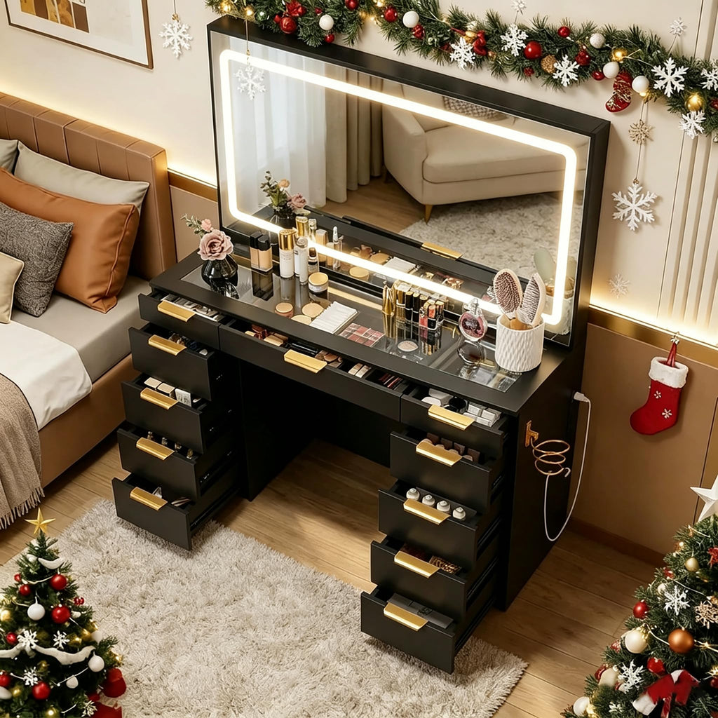 Glass Top Vanity Desk with Mirror and Lights, 11 Drawers Makeup Vanity with Stool K386
