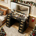 Glass Top Vanity Desk with Mirror and Lights, 11 Drawers Makeup Vanity with Stool K386