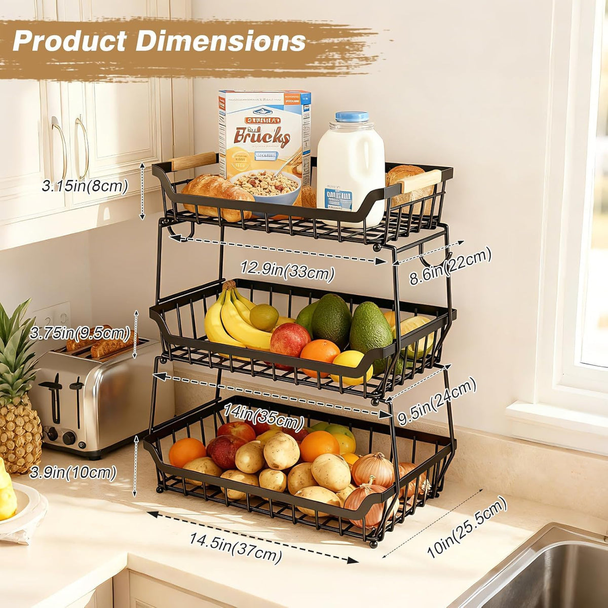3 Tier Fruit Basket with 2 Banana Hangers A19759