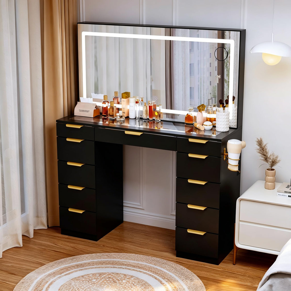Glass Top Vanity Desk with Mirror and Lights, 11 Drawers Makeup Vanity with Stool K386