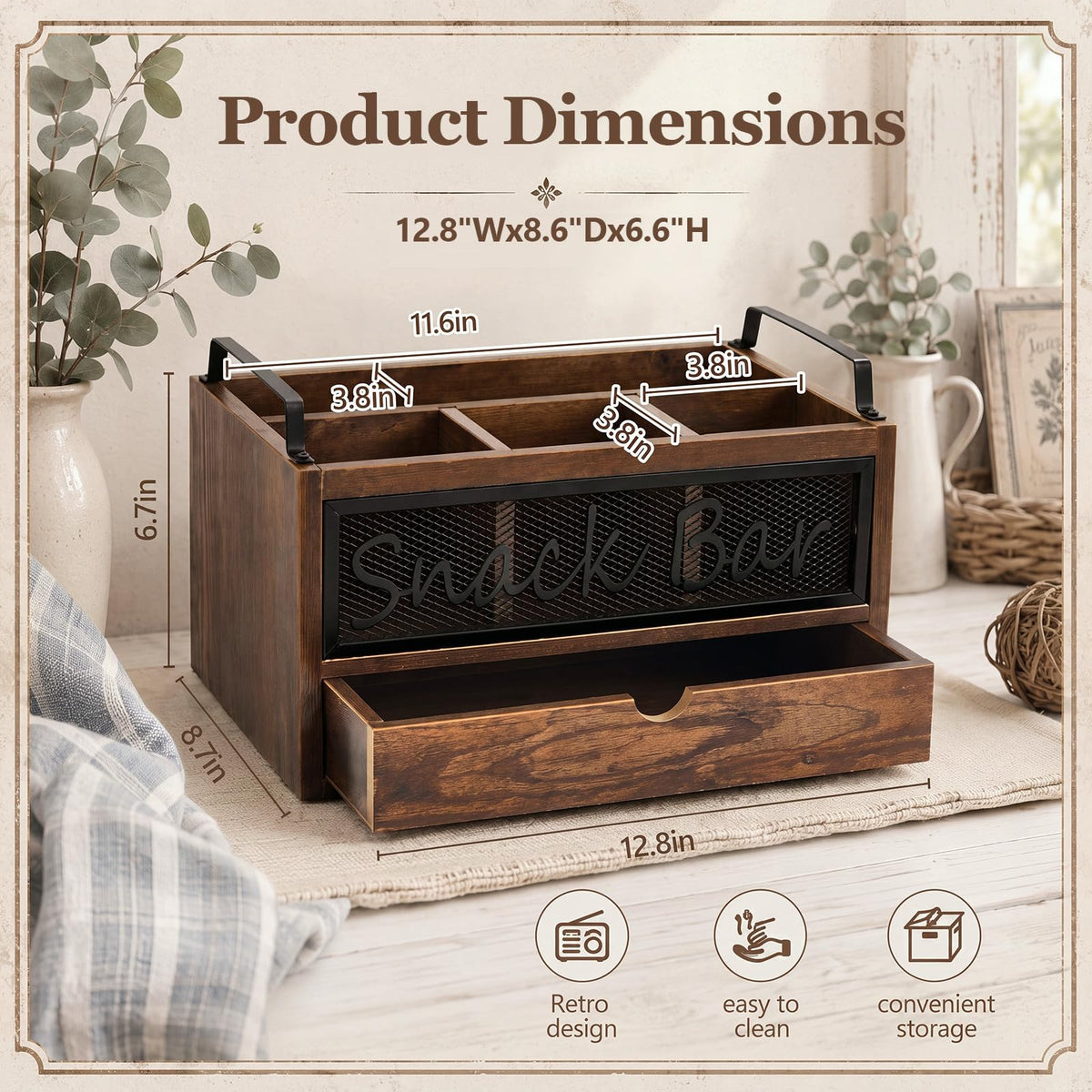 Wood Snack Bar Organizer with Drawer and Handles Z52262