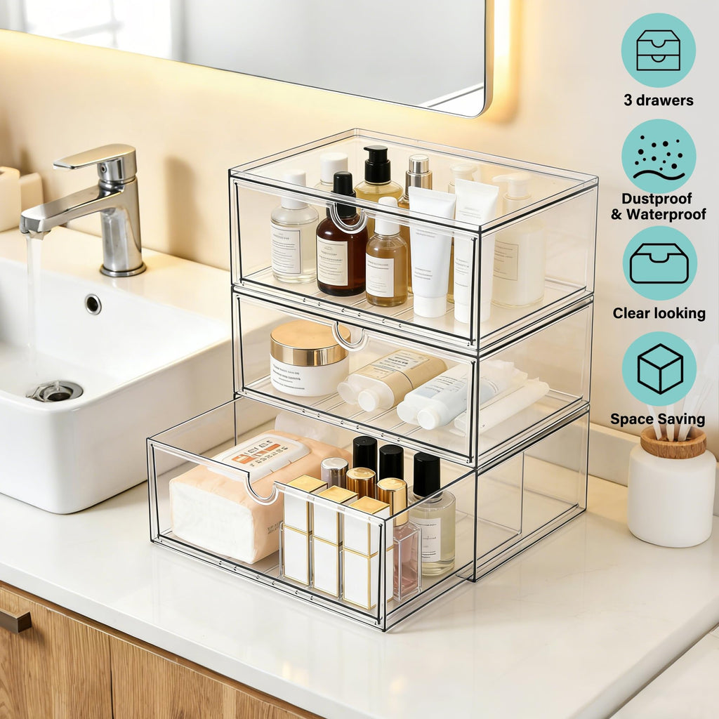 Acrylic Makeup Organizer, 3 Pack Stackable Clear Storage Drawers K479