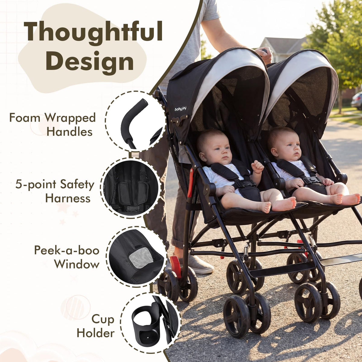 Lightweight Double Umbrella Stroller with Cup Holder and Adjustable Canopy B1335
