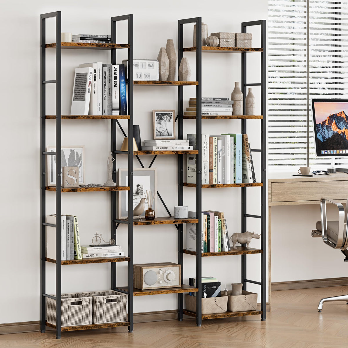 5 Tier Rustic Wood & Metal Bookshelf I305