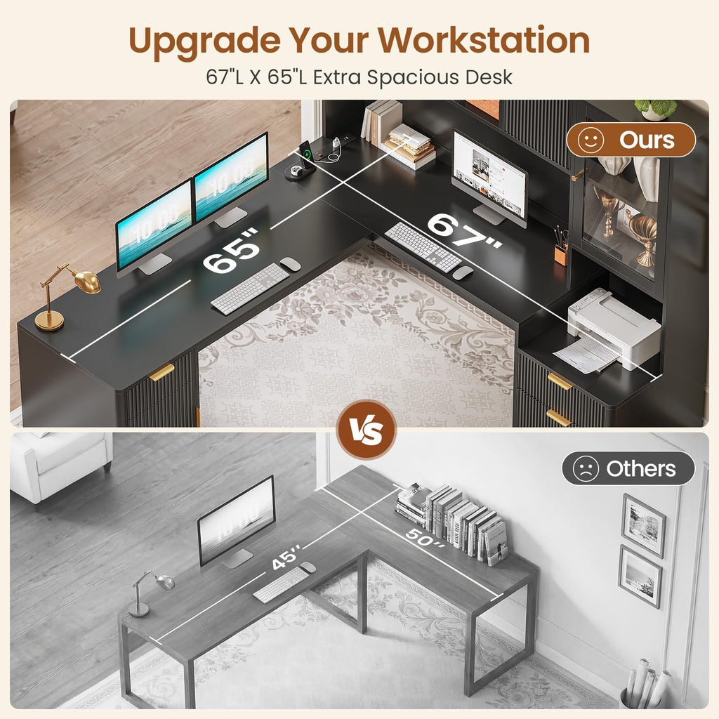 67" L Shaped Desk with Hutch and Power Outlets, Black O39247
