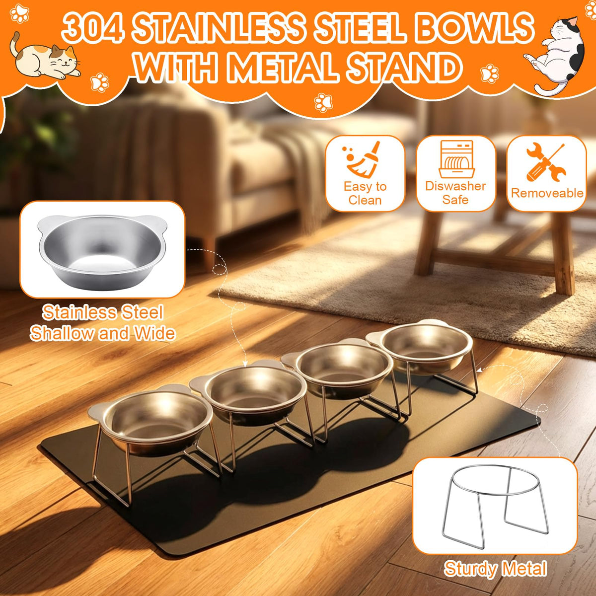 4 Set Elevated Stainless Steel Cat Food Water Bowls S5518