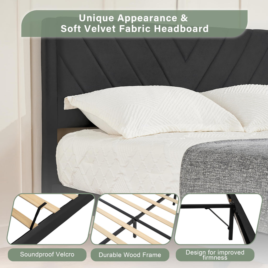 Queen Size Velvet Platform Bed Frame with Headboard V668