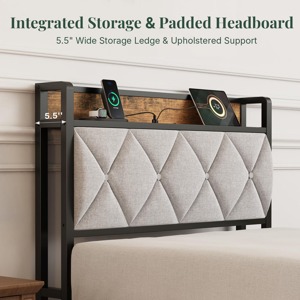 Twin Bed Frame with Headboard and Charging Plug Z386124