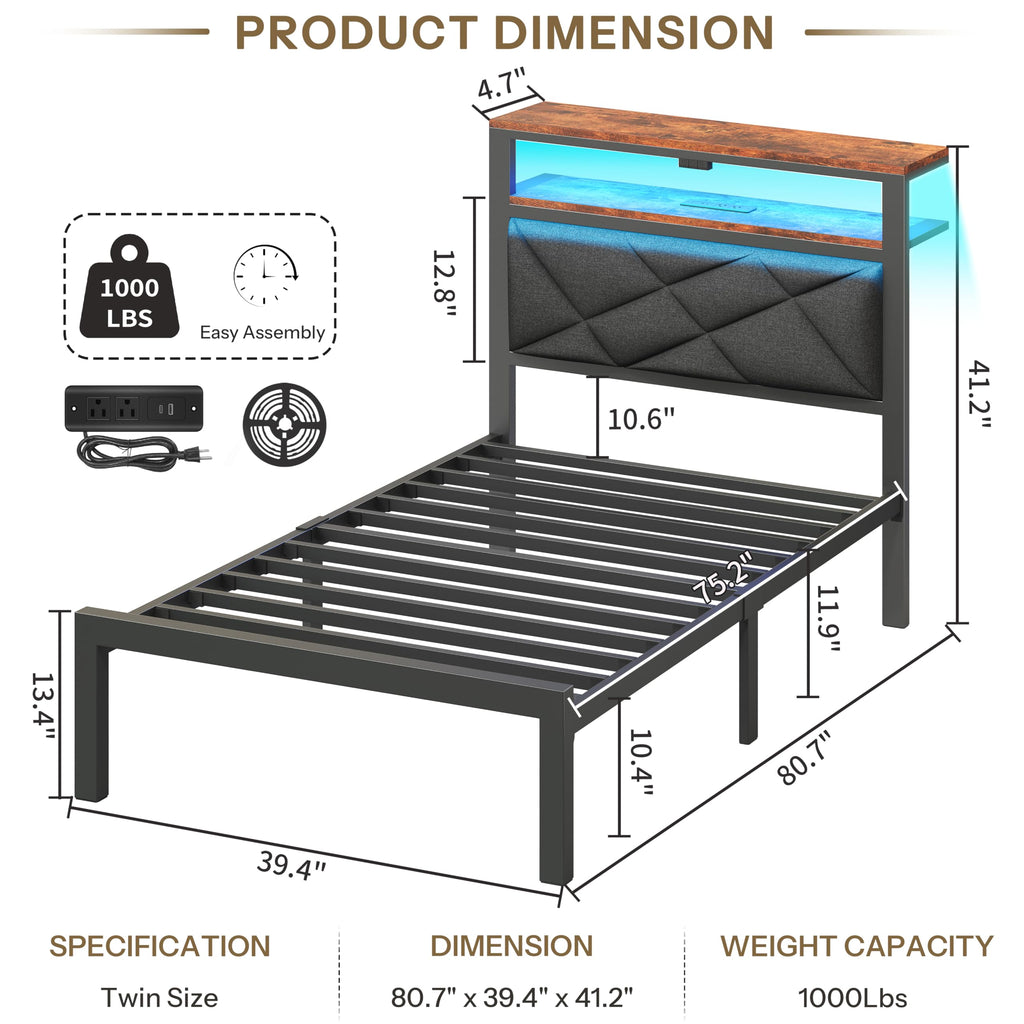 Twin Size Bed Frame with LED Lights & Charging Station V2062