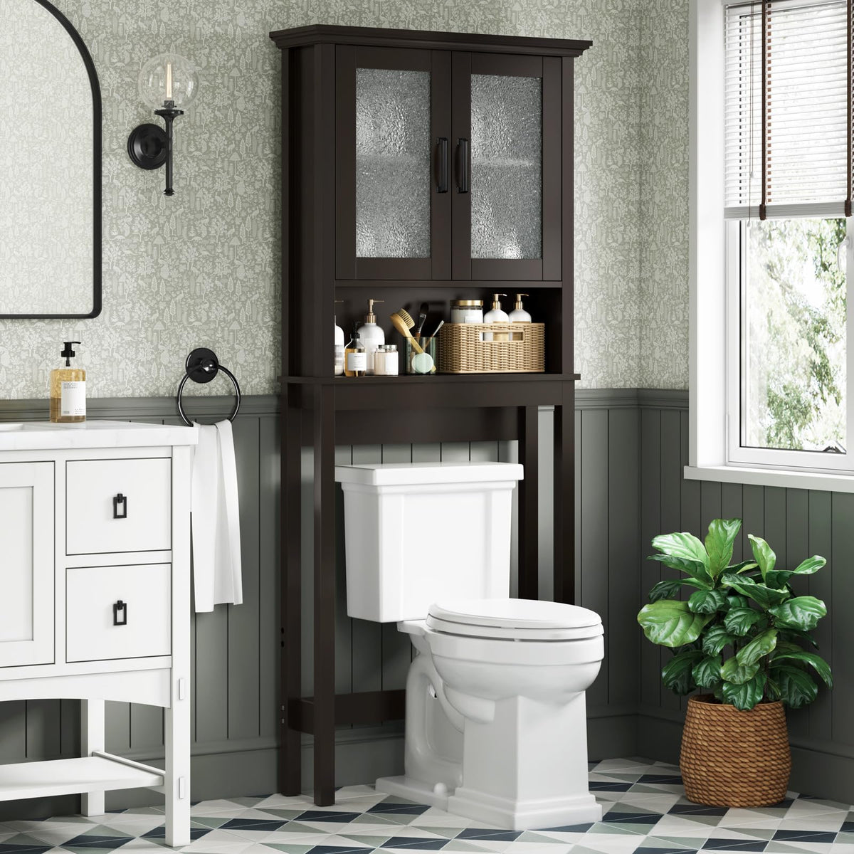 Over Toilet Storage Cabinet with Glass Doors and Adjustable Shelf X9058