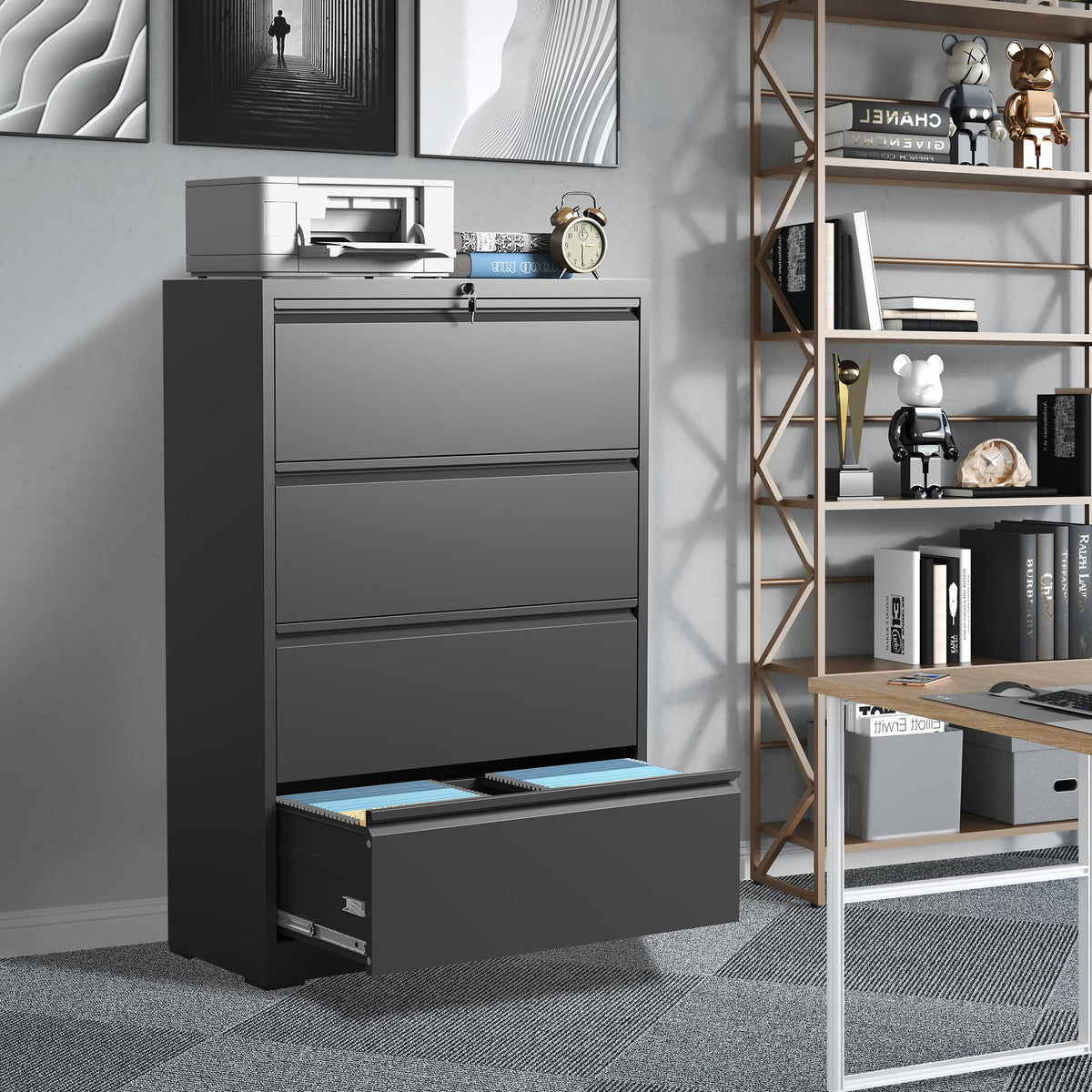 Black 4 Drawer Metal Lateral File Cabinet with Lock Z209