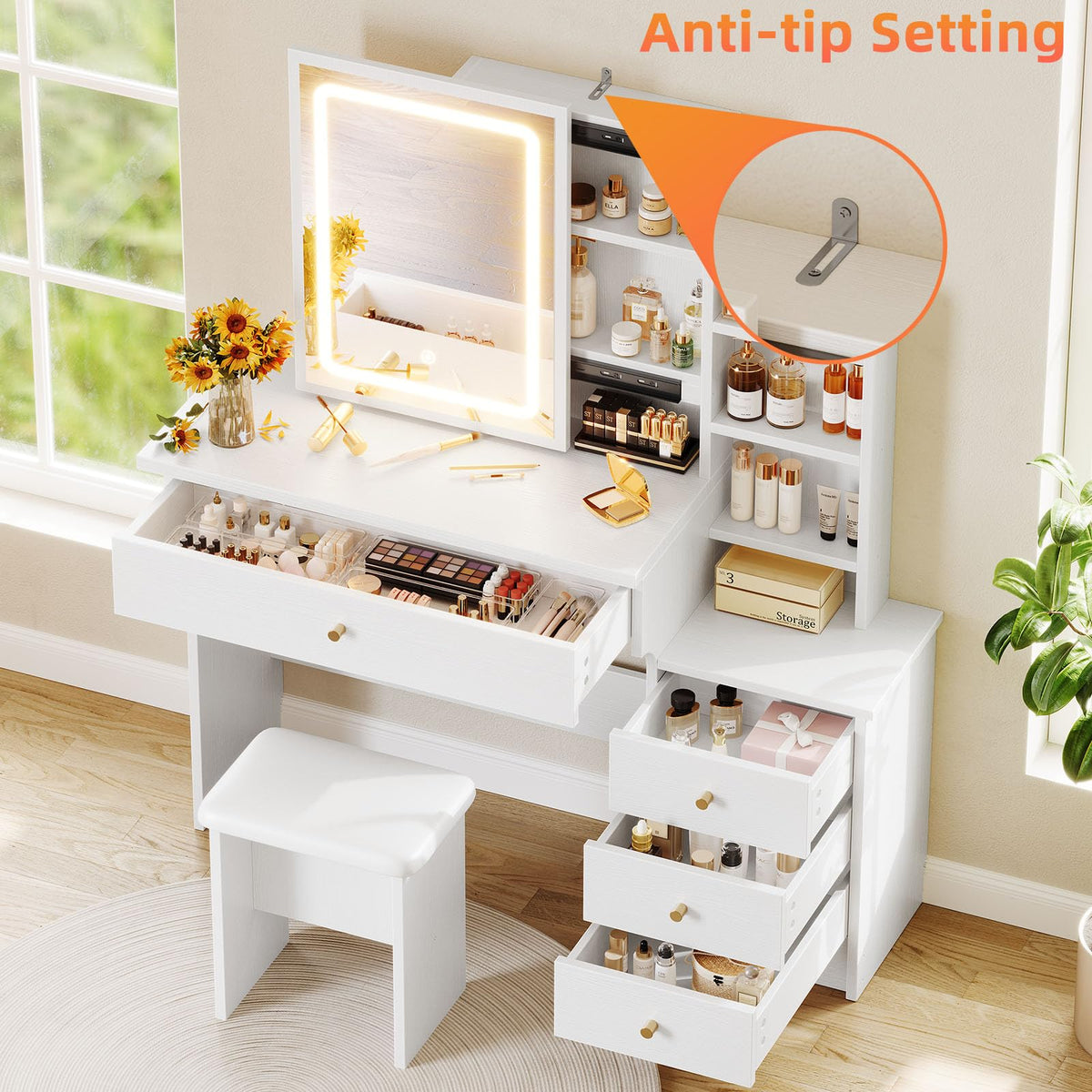 White Makeup Vanity Desk with Sliding Mirror & 4 Drawers R24225