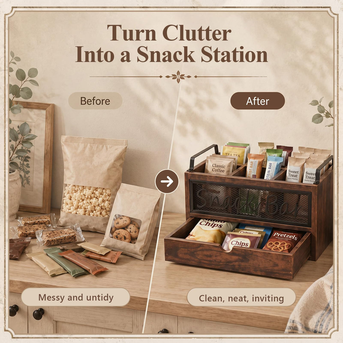 Wood Snack Bar Organizer with Drawer and Handles Z52262