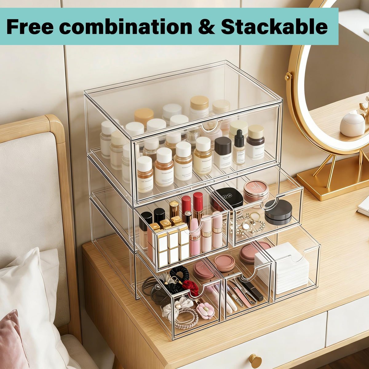 Acrylic Makeup Organizer, 3 Pack Stackable Clear Storage Drawers K479
