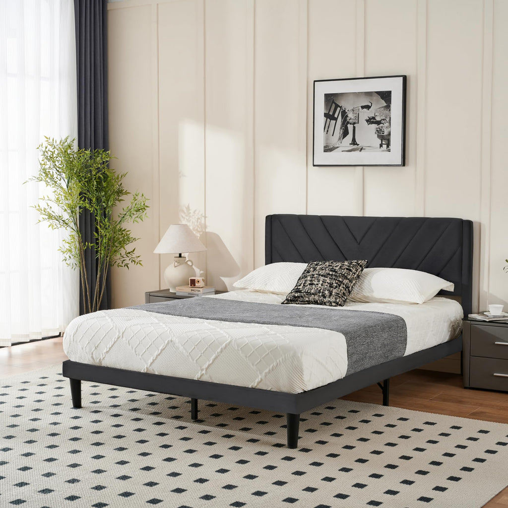 Queen Size Velvet Platform Bed Frame with Headboard V668