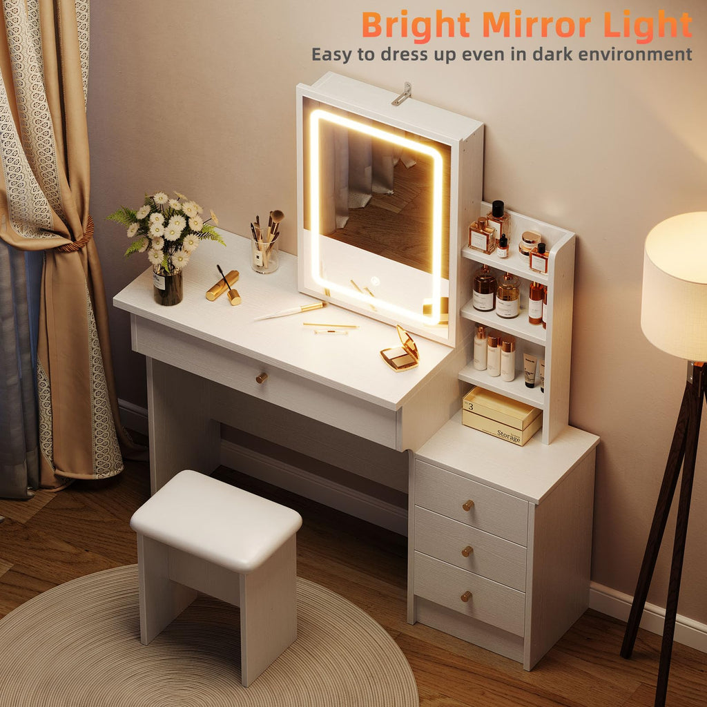 White Makeup Vanity Desk with Sliding Mirror & 4 Drawers R24225