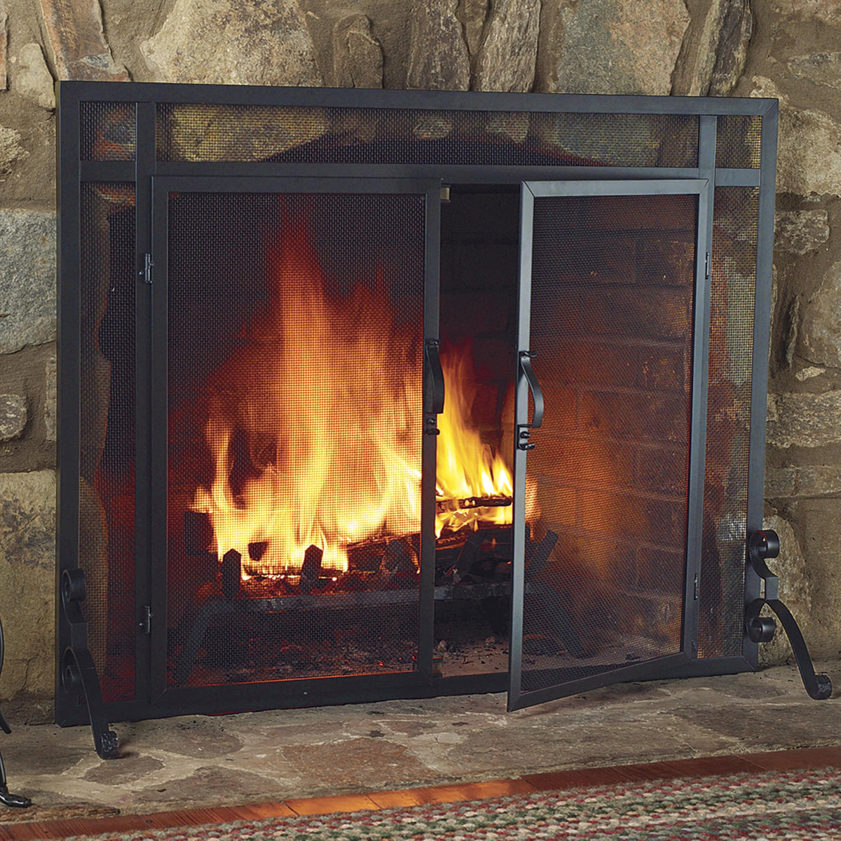 Black Metal Fireplace Screen with Hinged Doors E3846